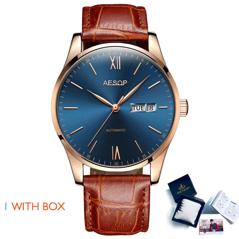 AESOP ультра тонкие золотые часы Мужские автоматические мужские наручные часы механические часы кожаные мужские часы Relogio Masculino - Цвет: Blue brown Box