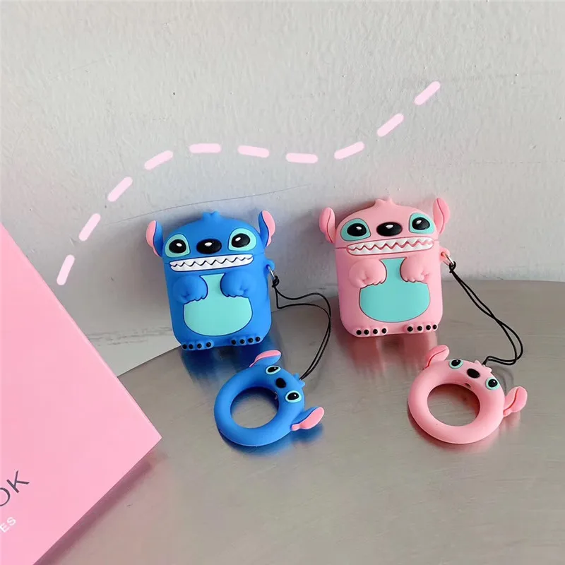 Super cute 3D Stitch cartoon silicone protection ring lanyard Wireless Earphone Charging case for AirPods 1 2 Bluetooth cover