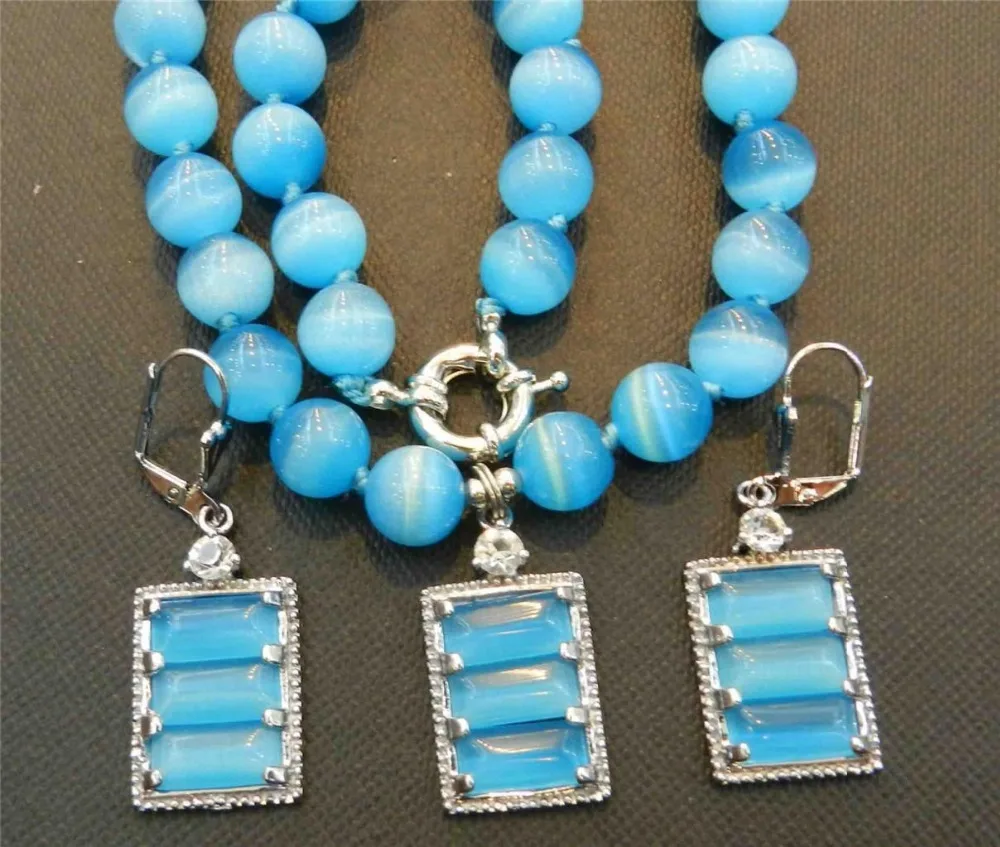 

FREE shipping>>Beautiful Blue Mexican Opal Round Beads Pendant Necklace Earring Set 18