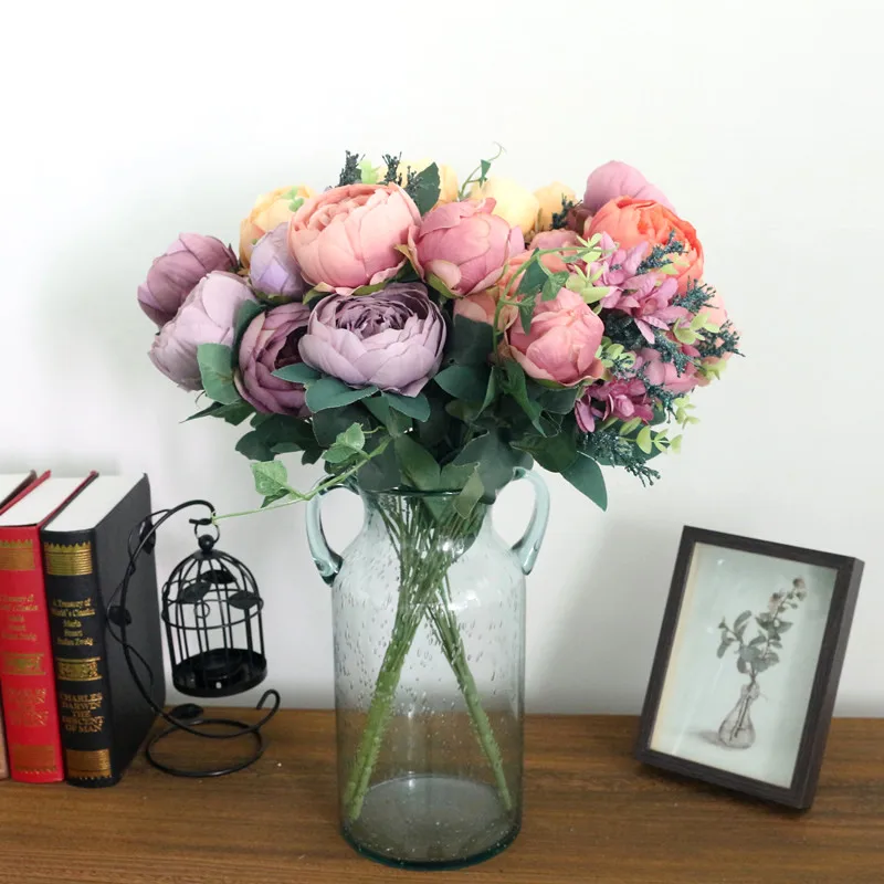 Flone Hight Quality Silk Flower European Peony Flower Bouquet Artificial Flowers Fake Leaf Wedding Home Party Decoration (4)