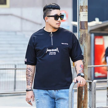 

Men Black T-shirts Big Size XXL 5XL 6XL 7XL Letter Pattern zipper design O-neck Cotton Short Sleeve T Shirt Male Clothes