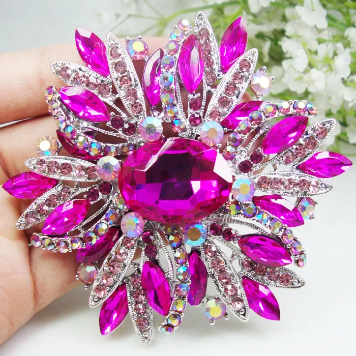 Crystal Brooch Hot Pink Oval Flower Woman Brooch Pin Rhinestone Silver