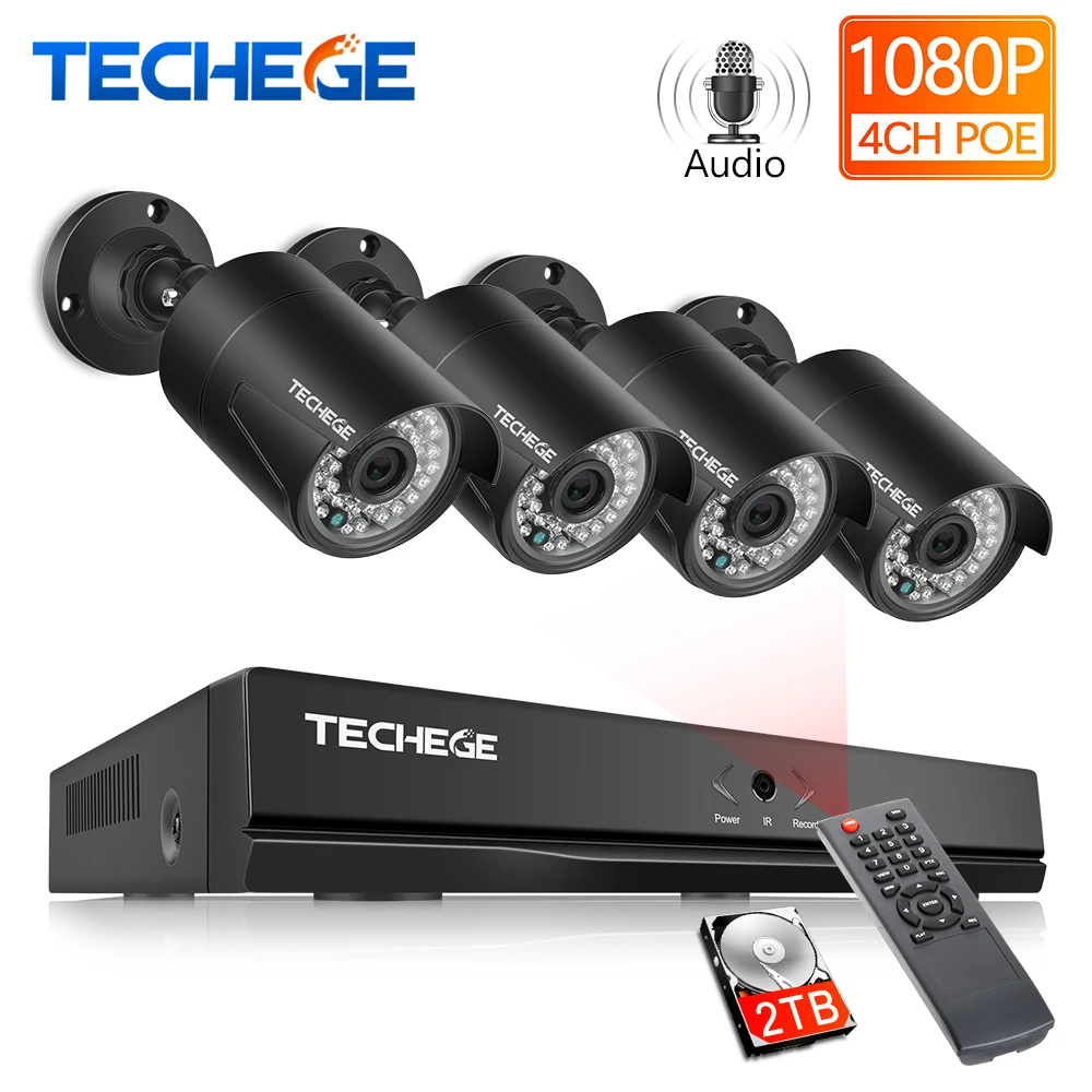  Techege 4CH 48V PoE NVR POE System Audio Record 2.0MP Onvif PoE IP Camera Waterproof Remote View XM - 32750537178
