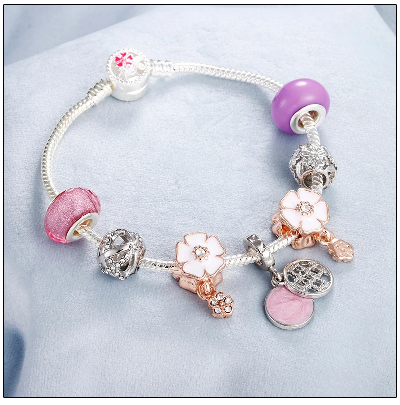 Женские ювелирные изделия серебряный браслет с шармами& Браслеты с вишневым цветком слон жемчужный кулон браслет с бусинами из кристаллов для девочек прекрасный подарок