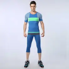 Men Pro GYM Fitness Compression Sets Quick Dry Capri Legging + Tops Workout Train Exercise Sport Yoga Pants+Shirts Run Yoga 1415