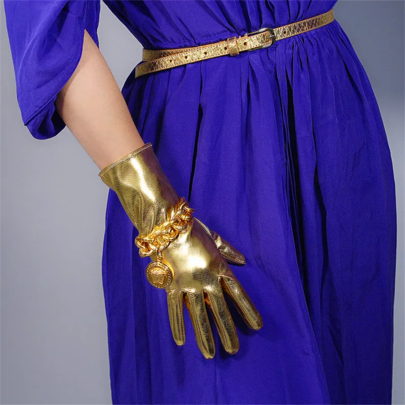 

2019 New Patent Leather Gloves 28cm Long Keep Warm Emulation Leather Women Gloves Mirror Bright Leather Bright Gold Female WPU19