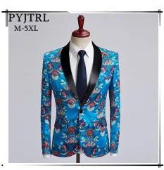 PYJTRL Tide мужской модный синий бамбуковый принт повседневный костюм куртка костюм Homme Botones Terno Мужской Блейзер Masculino Slim Fit наряд
