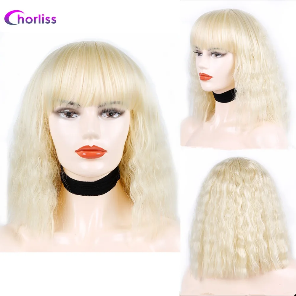 Chorliss Synthetic Wig Full Wigs Bangs Water Wave Short Women Wig Pink Blonde Gold Grey  (2)