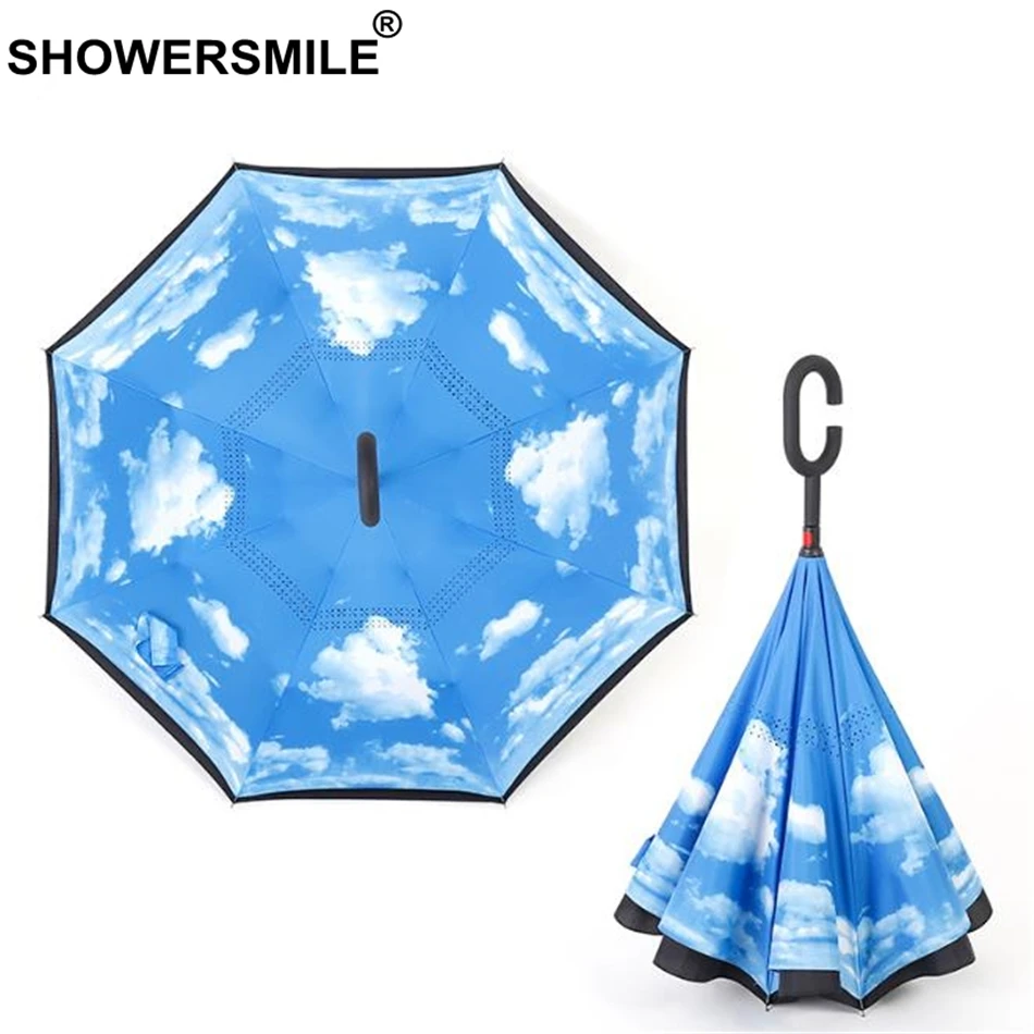 

SHOWERSMILE Inverted Umbrella Print Rain Protection UV Folding Reverse Umbrella Double Layer C-Hook Car Umbrellas For Women Men