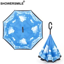 SHOWERSMILE Inverted Umbrella Print Rain Protection UV Folding Reverse Umbrella Double Layer C-Hook Car Umbrellas For Women Men