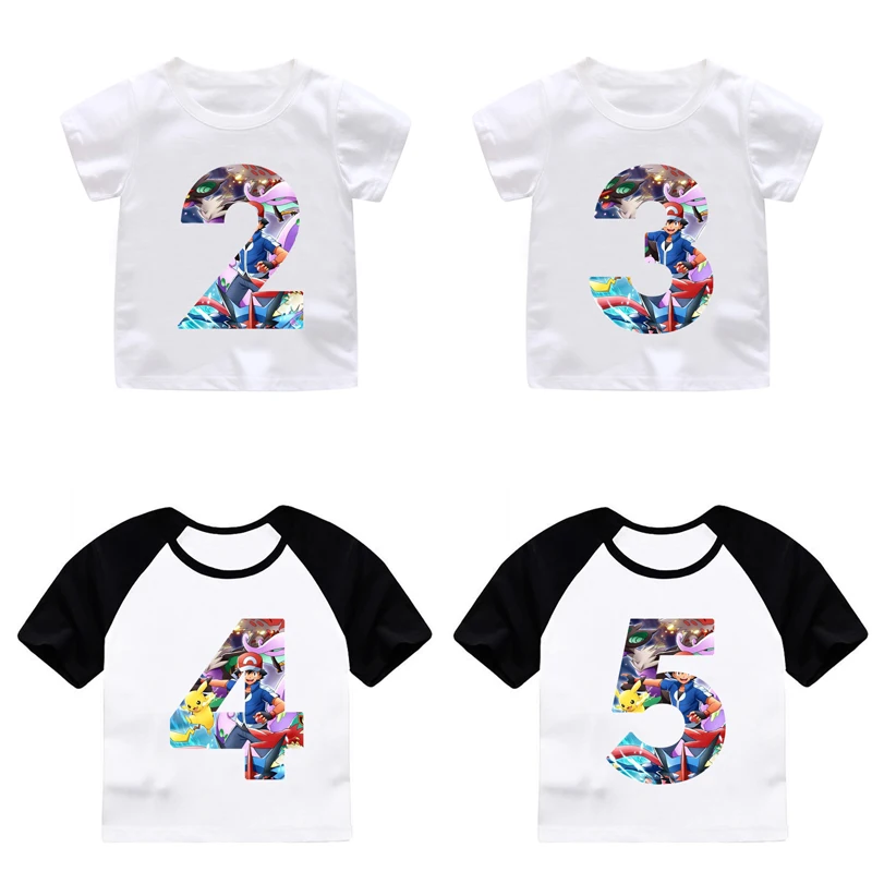 

ZSIIBO Boy/Girl Happy Birthday Pikachu Cartoon Number 2~9th T-shirts Kid's Go Top Custom t shirt Children Clothes Dropshipping