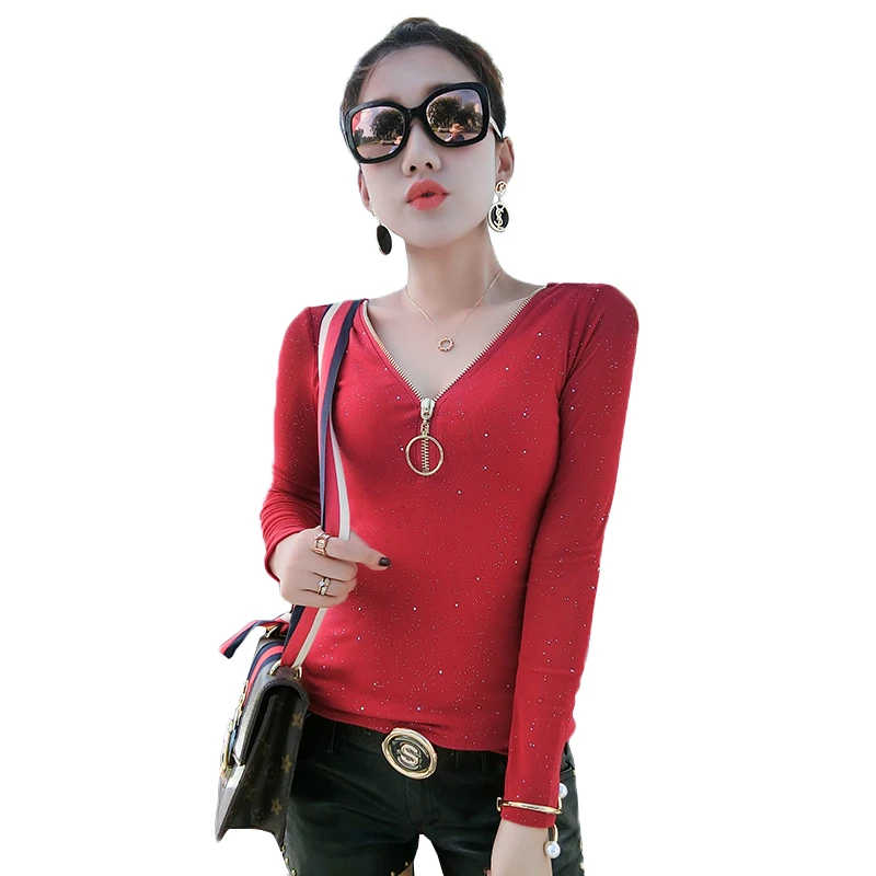 

Sexy Zipper V-Neck Pullover Tshirt 2019 Spring Autumn Women Long Sleeve Sequis Shirt Clothes Hollow Out Butterfly Tops T93102