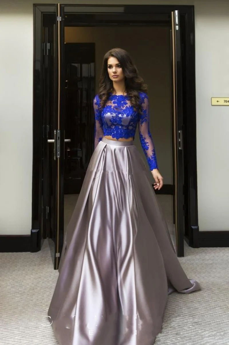 2017-Two-Piece-Long-Prom-Dresses-Royal-Blue-Lace-Long-Sleeves-Satin-A-Line-Formal-Evening