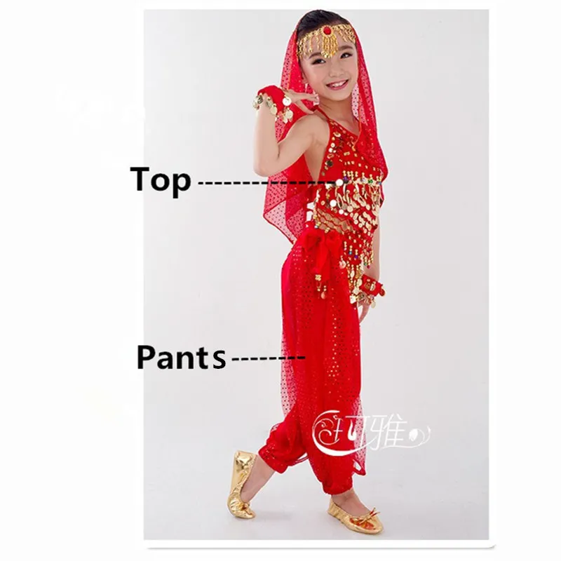 Детский костюм для танца живота, карнавал, Египетский костюм с поясом, детская одежда для индийского танца, одежда для девочек, комплект одежды для танца живота для выступлений в Болливуде - Цвет: Red 2PCS