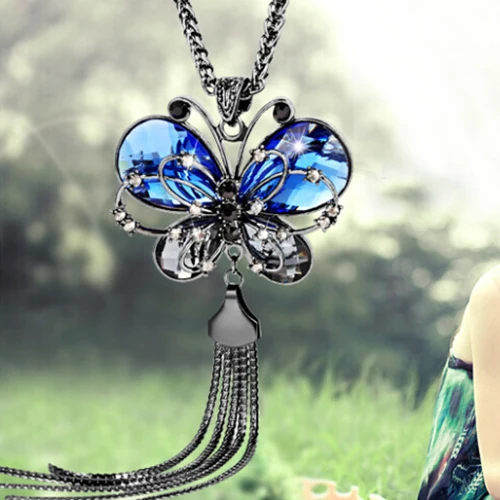 Fashion Butterfly Shape Crystal Pendant Choker Sweater Necklace Long Chain Chic 
