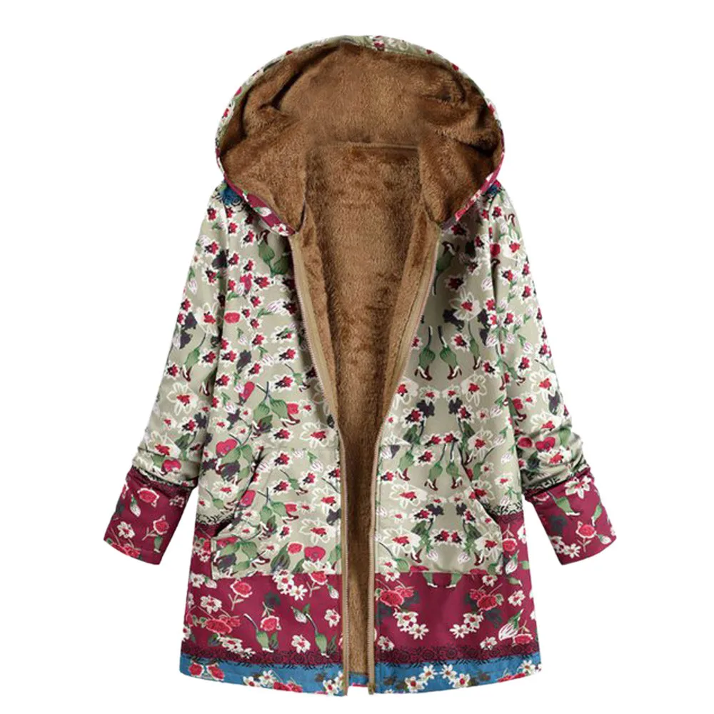 Женская куртка, женская зимняя теплая верхняя одежда, с принтом, с капюшоном, с карманами, в винтажном стиле, на застежке, пальто, шерстяное пальто, Пляжная повседневная куртка