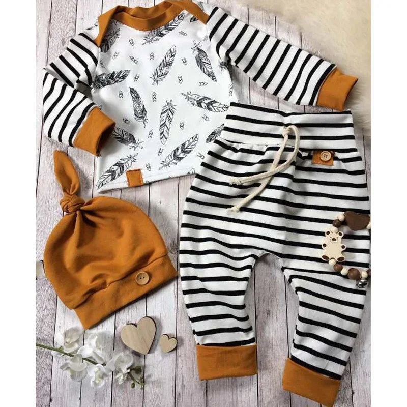 

Winter Baby Newborn Baby Boy Girl Clothes Feather T shirt Tops Striped Pants Clothes Outfits Set vetement enfant fille