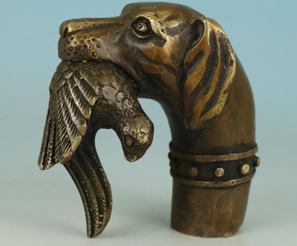Old Bronze Hand Carved Skull Dog Statue Cane Walking Stick Head