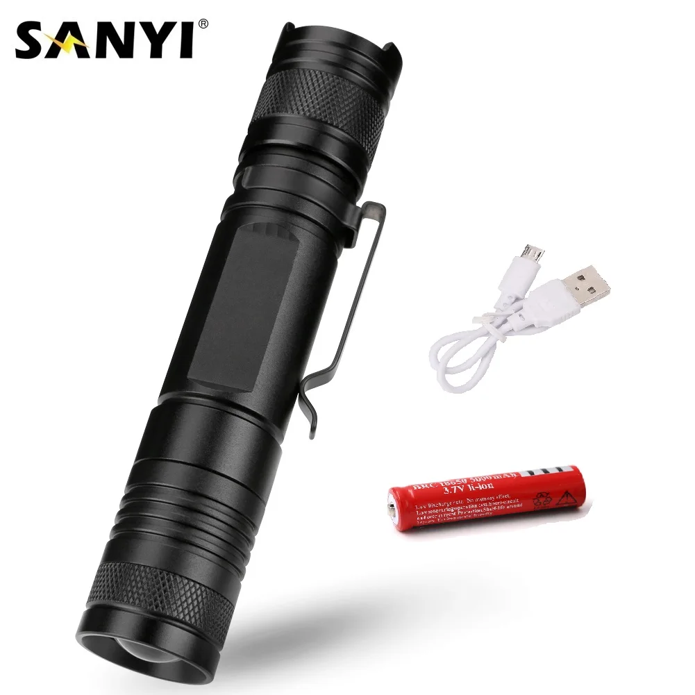 Фонарик светодиодный Sanyi с USB зарядкой 5 режимов металлическим зажимом|Фонарики и
