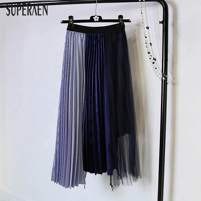

SuperAen Women Pleated Skirts Striped Splicing Mesh 2018 Summer New High Waist Ladies Skirts Irregular Fashion Skirt Female