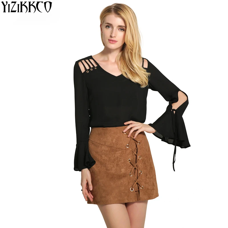 2017 Summer Women Blouse Butterfly Sleeve Bandage Fashion Blouses V-Neck Solid Tops Vetement Femme Camisas Femininas TS053 |