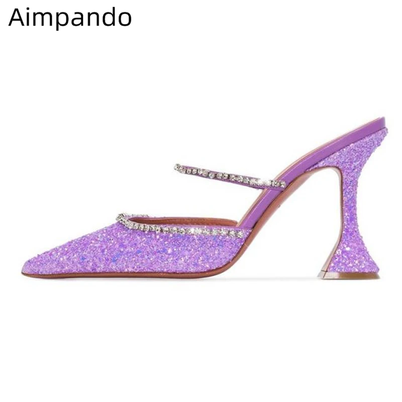 

Sexy Pointed Toe High Heel Slippers Women New Design Unique Goblet Heel Rhinestone Slingback Silver Glitter Women Shoes