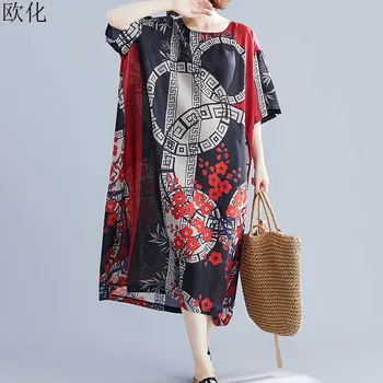 

Batwing Vintage Summer Sundress Plus Size Ethnic Print Robe Women Dress Loose Big Swing Large Cotton Long Dress 4XL 5XL 6XL 2019