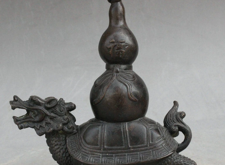 

7" Folk Old China FengShui Bronze Longevity Gourd Dragon Turtle Tortoise Statue
