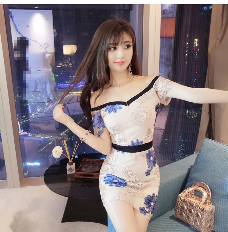2018 Summer women dress 2018 sexy sheath embroidered show thin led off-the-shoulder above Knee mini dress package hip dress