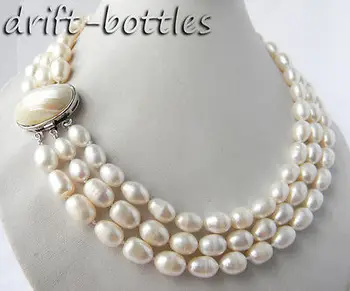 

3Strands 18'' 9.5mm White Rice Freshwater Pearl Necklace