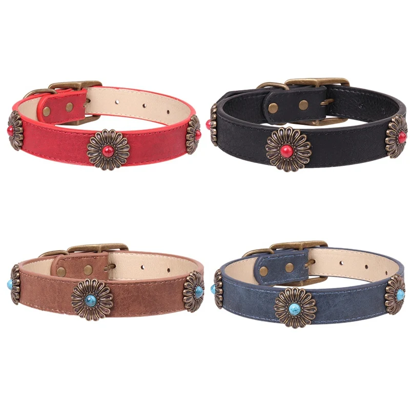 

New Spot Bronze Daisy Pet Collar Blue Black Red Collars Leads Dog Necklace With Bronze Flowers Bronze Collar Adjustable