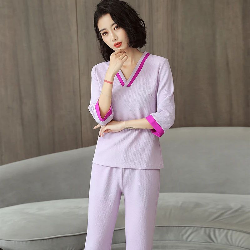 

Beauty Uniforms Spring/Summer Latest Work Clothing 2 Colors V Neck Fashion SPA Uniform Custom Made purple Massage Workwear