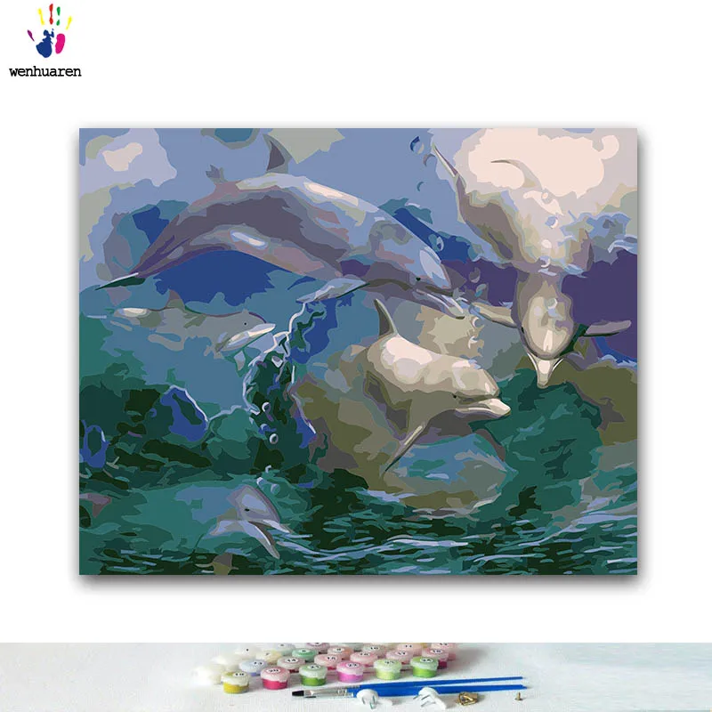 

DIY Coloring paint by numbers Five dolphins playing in the sea paintings by numbers with kits 40x50 framed