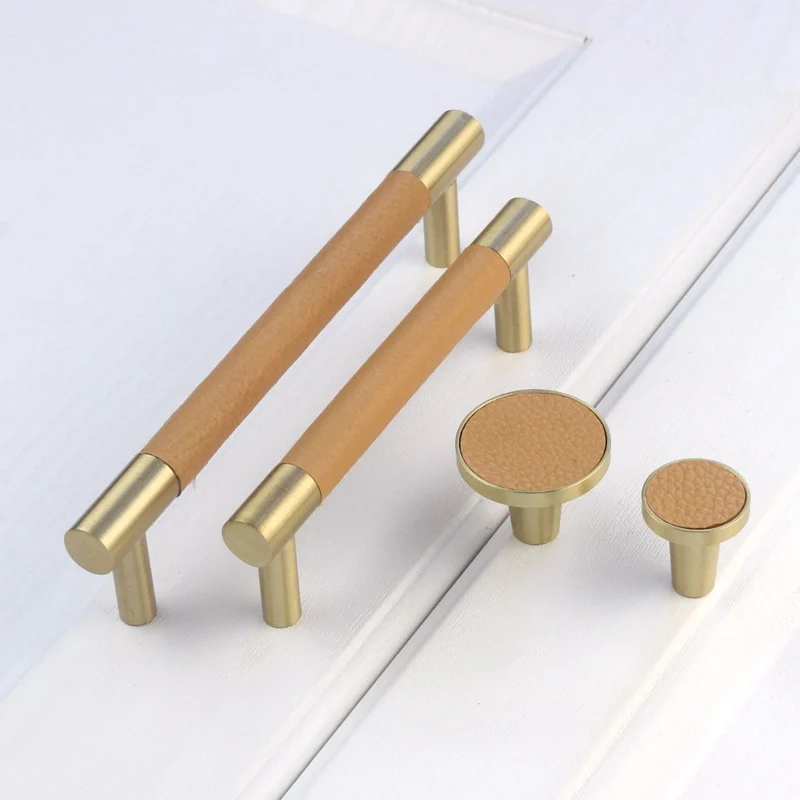 Нордическая кожа + латунная ручка шкафа ящика декоративная кухонная дверная