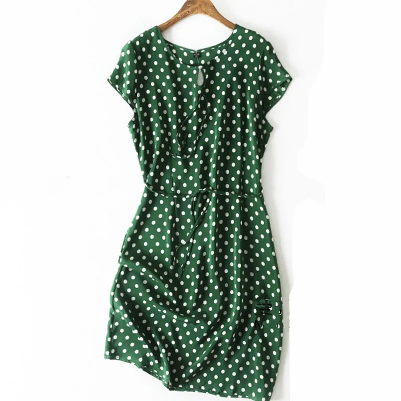 

Women Summer Silk Dress O neck Polka Dots Vintage Natural silk dresses Green Elegant Dress plus size big size real silk dress
