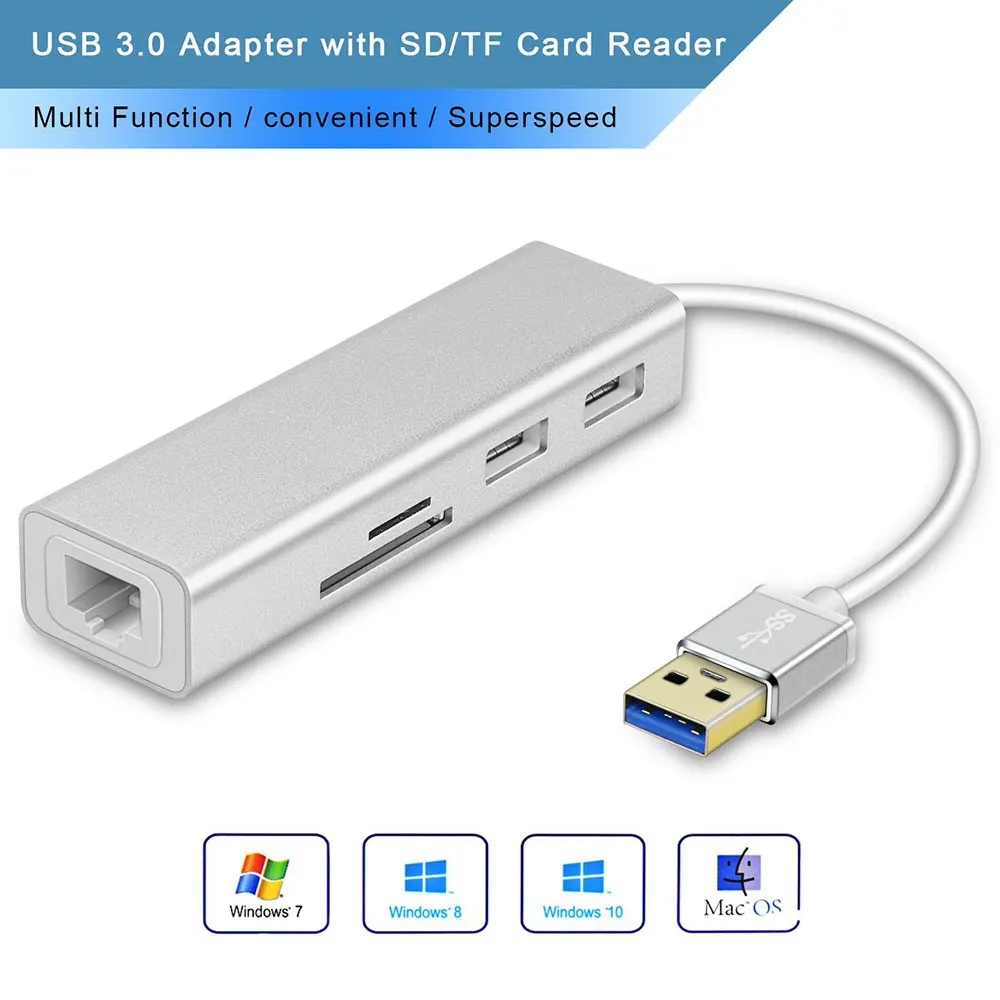 Док-станция USB Leadzoe USB разветвитель с 2 портами(стандарт 3,0 Порты и разъёмы и SD/устройство для считывания с tf-карт и RJ45 10 100 1000 Gigabit Ethernet сетевой адаптер конвертер