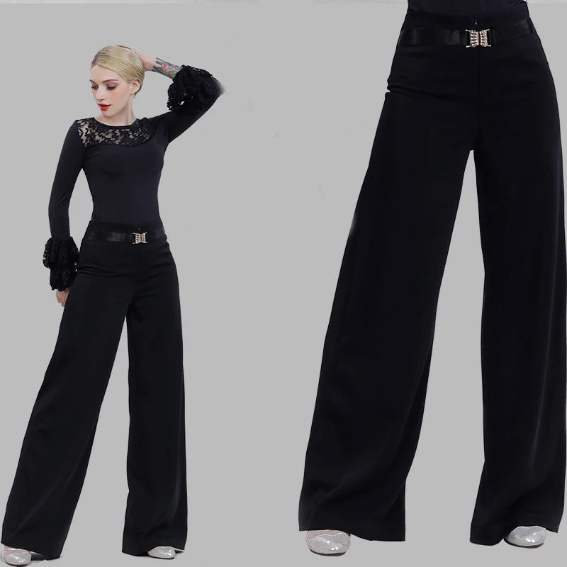 Удобные черные танцевальные брюки для женщин, черные брюки, стандартные Бальные Танцевальные широкие брюки для женщин, Латинская черная танцевальная одежда BL1734