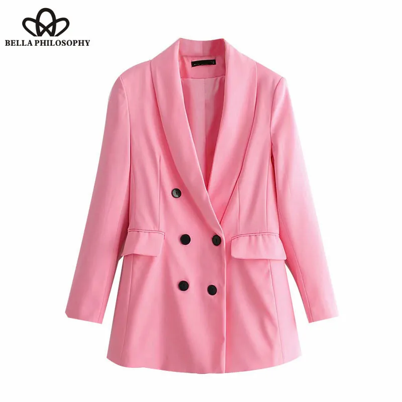 Pink Double OL Blazers Coat Women Fashion Vintage Long Sleeve Office Lady Outerwear Casual Loose Workwear Jacket Wonder Store