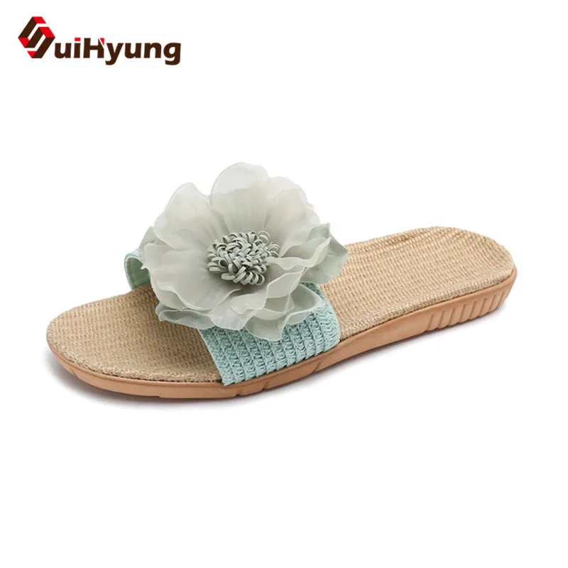 

Suihyung Women Flax Slippers Summer Casual Beach Shoes Bohemia Flowers Flip Flops Linen Slides Female Indoor Home Floor Shoes