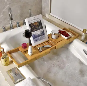 

Bamboo Bathtub Tray Shower Wine Glass Book Holder Bathtub Rack Support Bathroom Storage Organization Bath Accessories