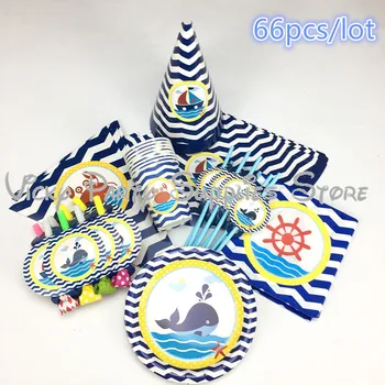 

66pcs/lot Blue Striped Sea Navigation Theme Disposable Tableware Set Bithday Baby Shower Cup Plate Party Decoration Supplies
