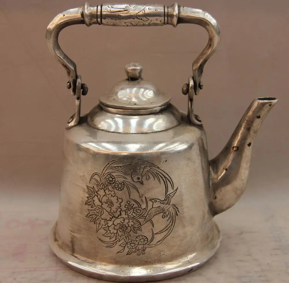 

China White Copper Silver Peony Flower Phoenix Kettle Canteen bottle Pot SD 506