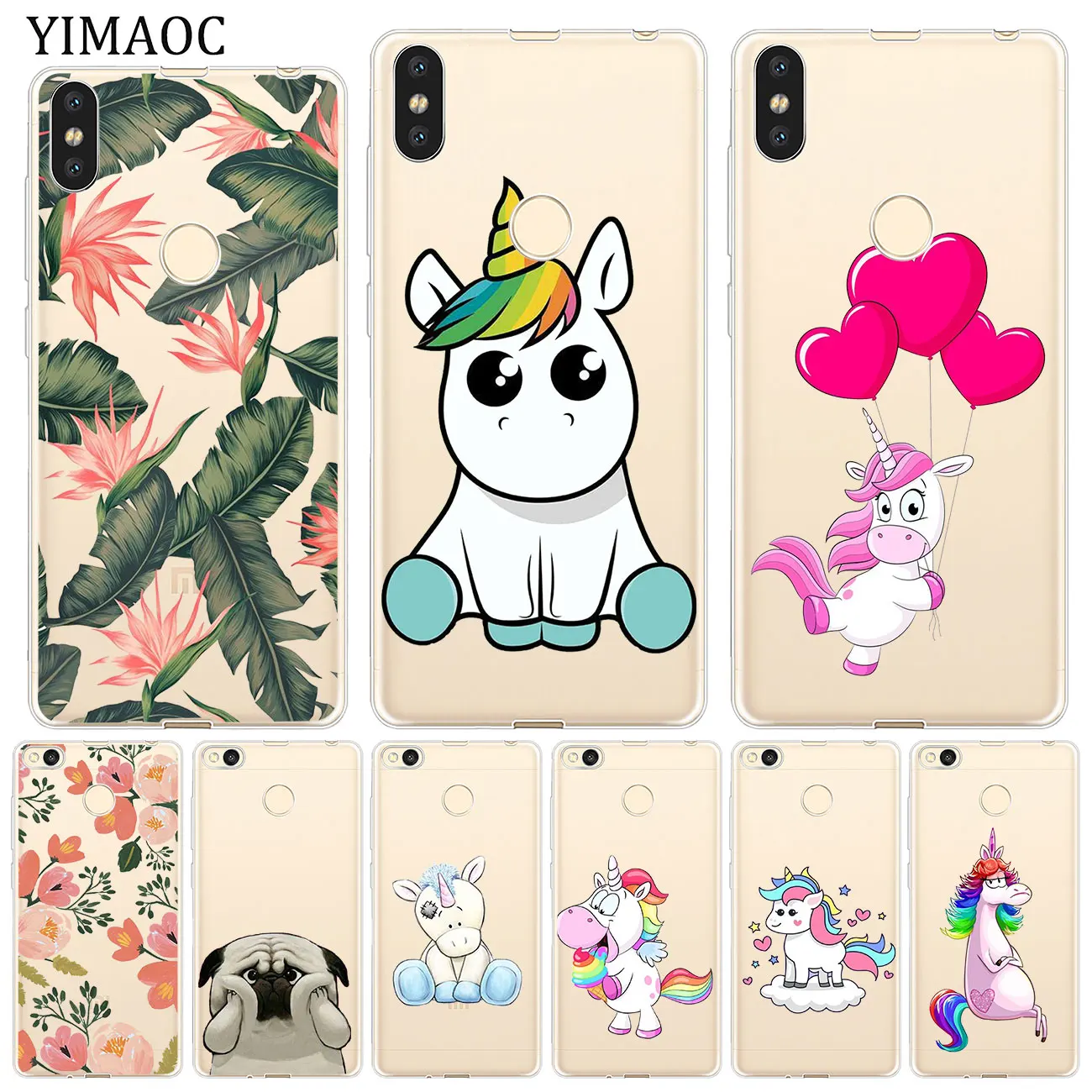 

YIMAOC Unicorn flower dog pug Soft Case for Xiaomi Redmi K20 Pro 7A 6A 4A 4X S2 GO Note 8 7 6 5 Pro Plus 4 Cover