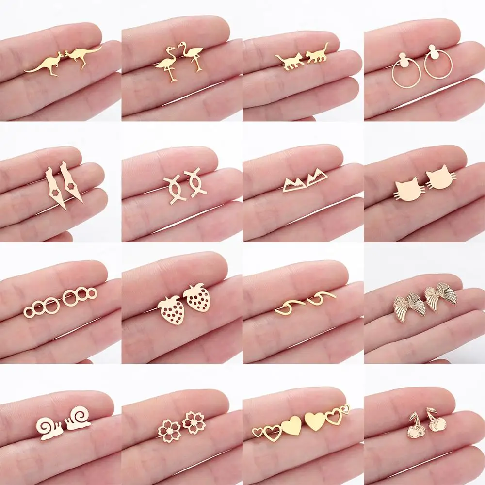 

QIAMNI Cat Snail Flower Strawberry Mountain Heart Cherry Wave Stud Earring Lover Birthday Gifts Party Jewelry Pendientes Brincos