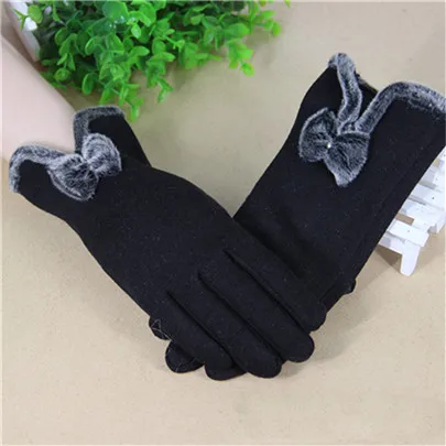YRRETY, женские перчатки, толстые, сенсорный экран, перчатки для вождения, с бантом, зимние, теплые, модные, полный палец, одноцветные, эластичные перчатки - Цвет: G032 Black