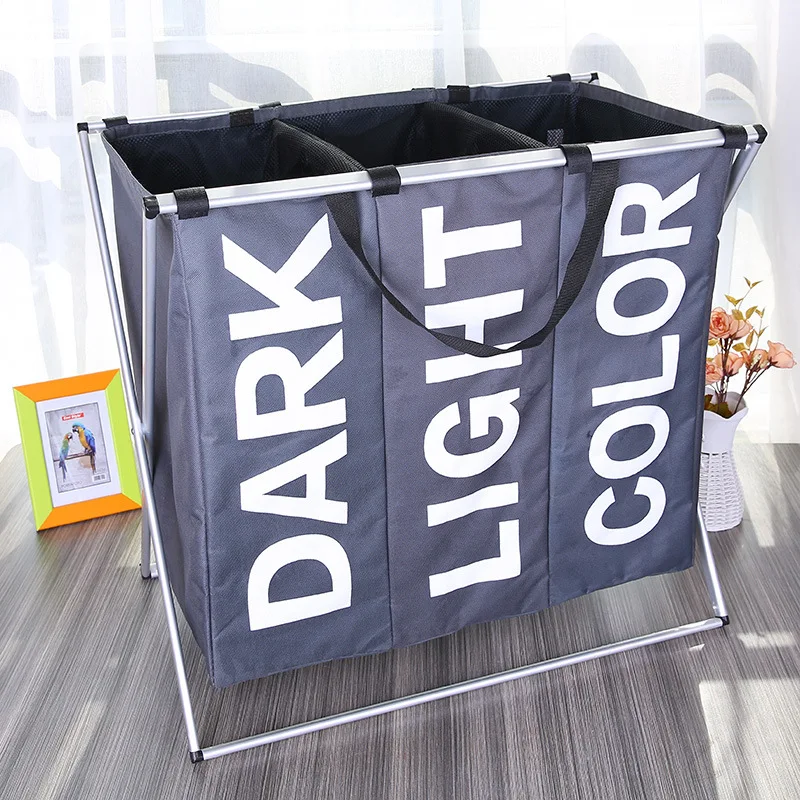 Portable Laundry Basket Dirty Clothes Separated Three Grid FoldableStorage Basket Necktie Socks