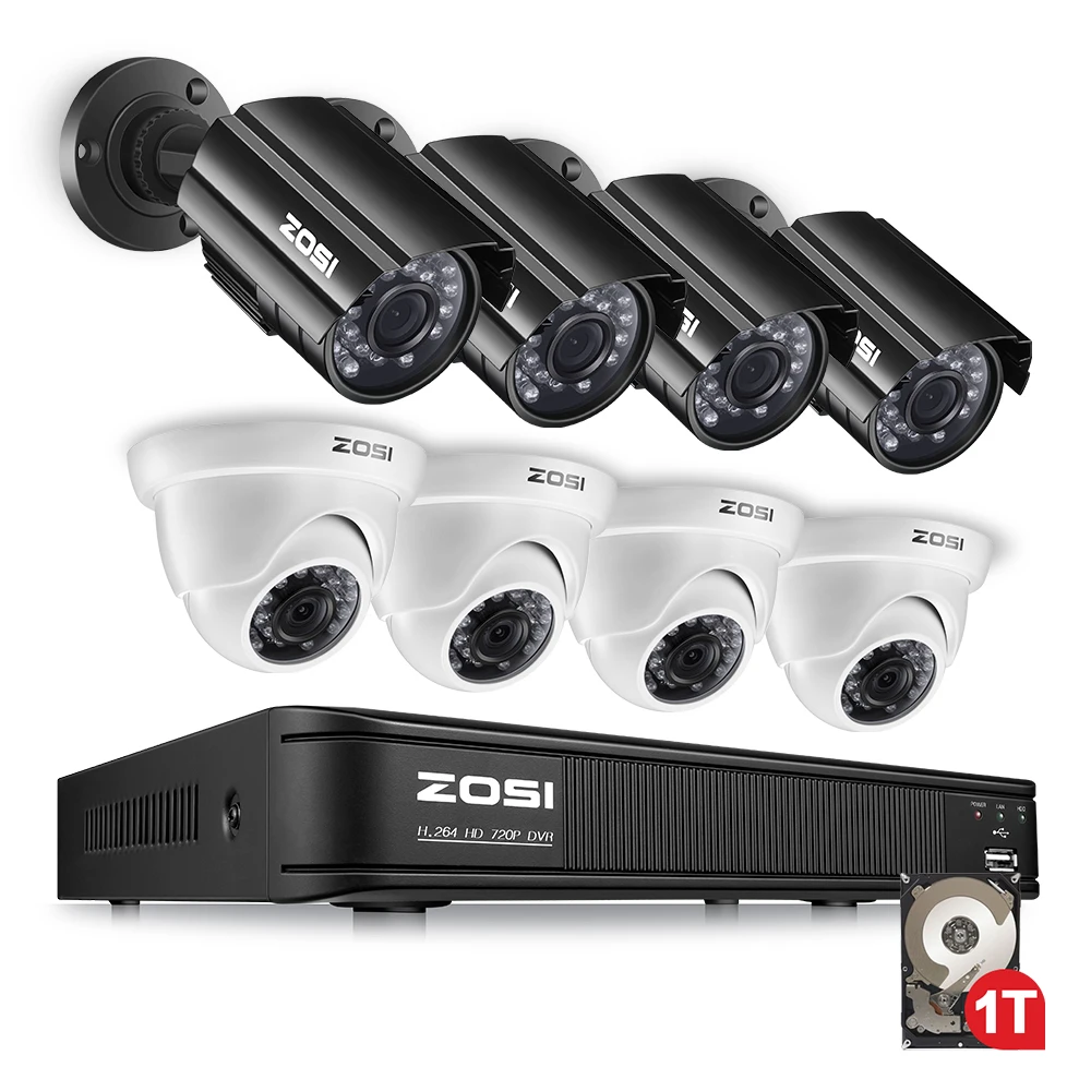 ZOSI 1080N HDMI DVR 1280TVL 720 P HD открытый охранных Камера Системы 8CH камера видеонаблюдения 1 ТБ HDD система видеонаблюдения TVI комплект