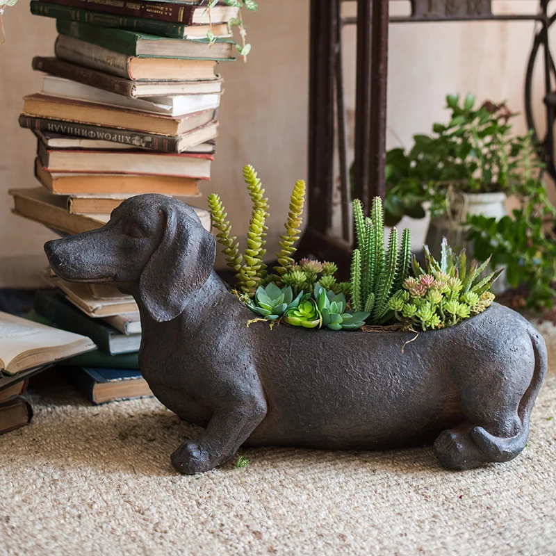 

Retro Animal Dog Statue Yard Balcony Magnesium Oxide Vase Figurines Home Furnishing Decor Dachshund Flowerpot Large Succulents