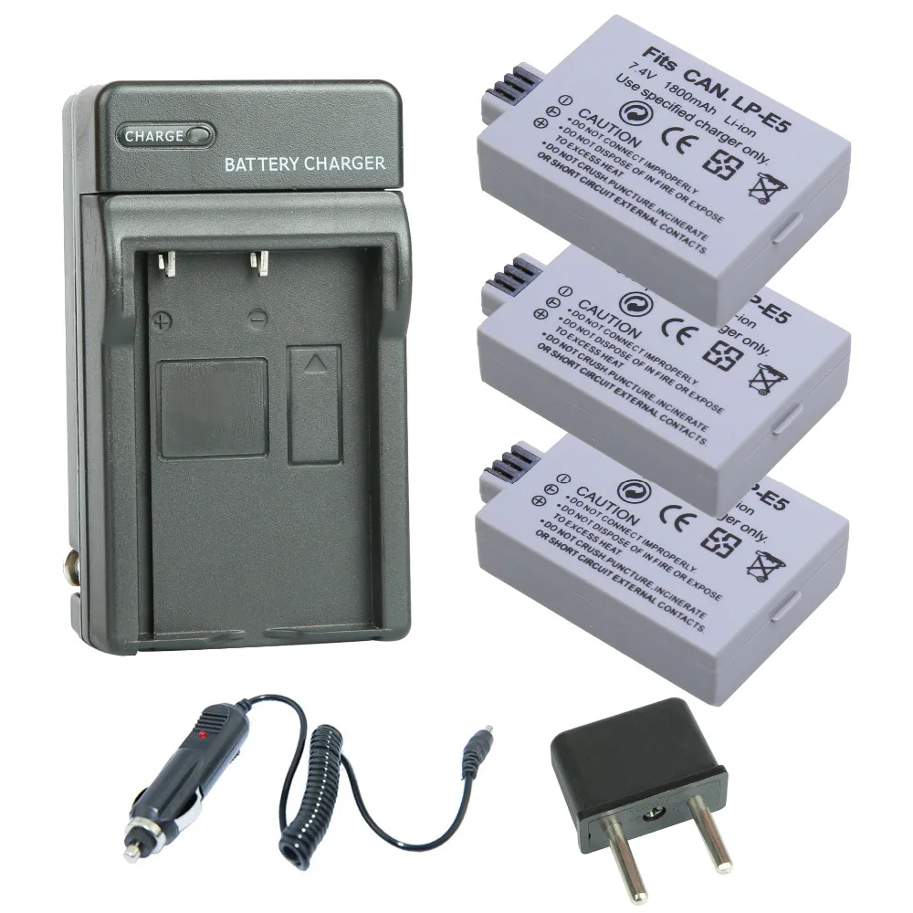 

3pcs LP-E5 LP E5 LPE5 Battery + DC Charger + Car Charger For Canon 450D 500D 1000D Kiss Digital X2 X3 F Rebel XSi Xli XS Camera