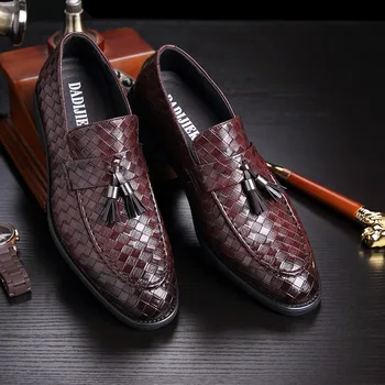 

M-anxiu Tassel Braided Pattern Genuine Leather Shoes Slip-on Casual Loafers Men's Business Shoes Formal Dress Shoes